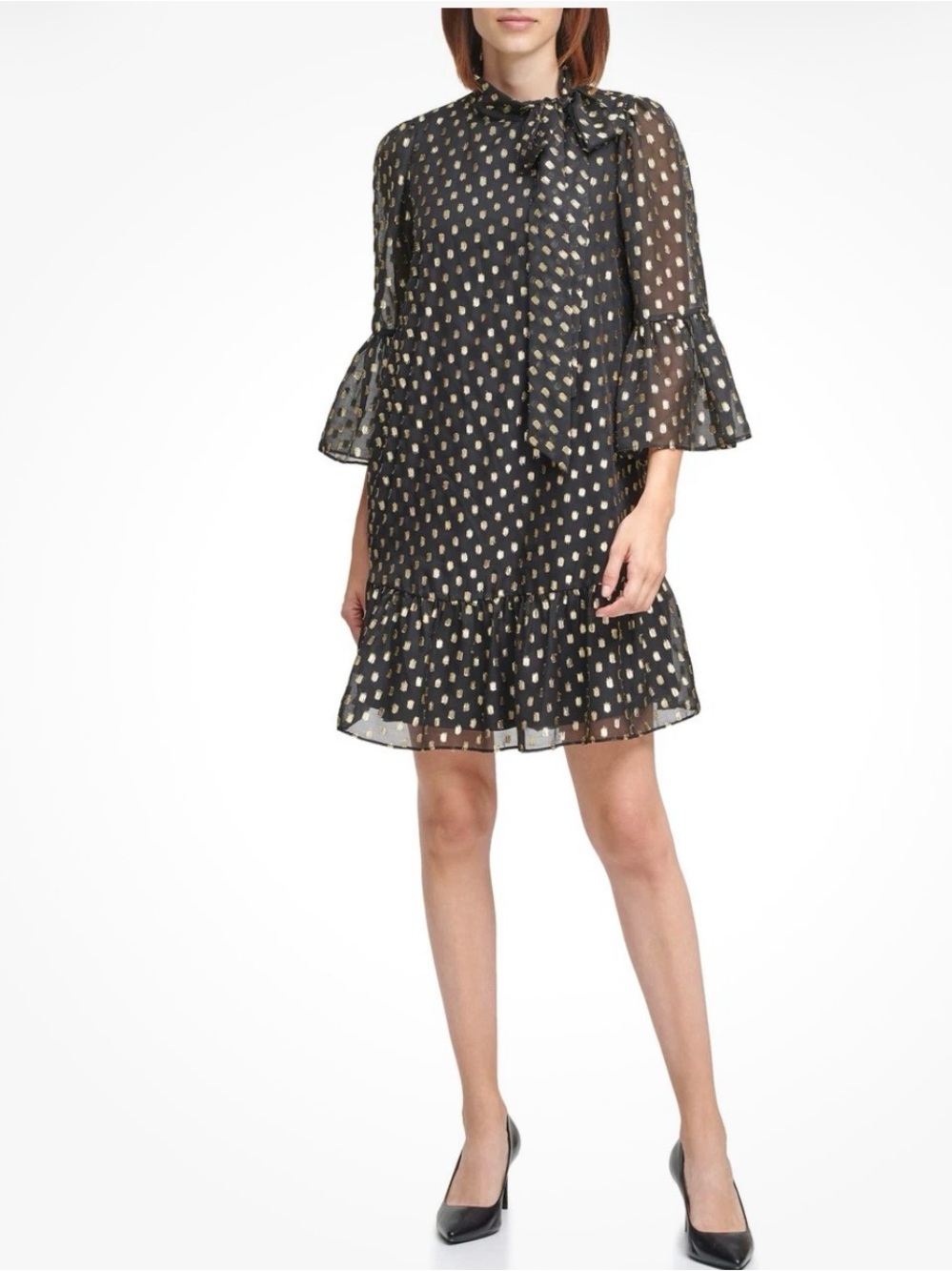 Calvin Klein Black Dress with Metallic Gold Dot Accents
